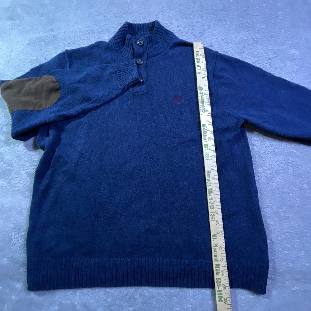 Chaps Men's Blue Knit Sweater Elbow Patches Mock Neck Pullover Size Large Ribbed